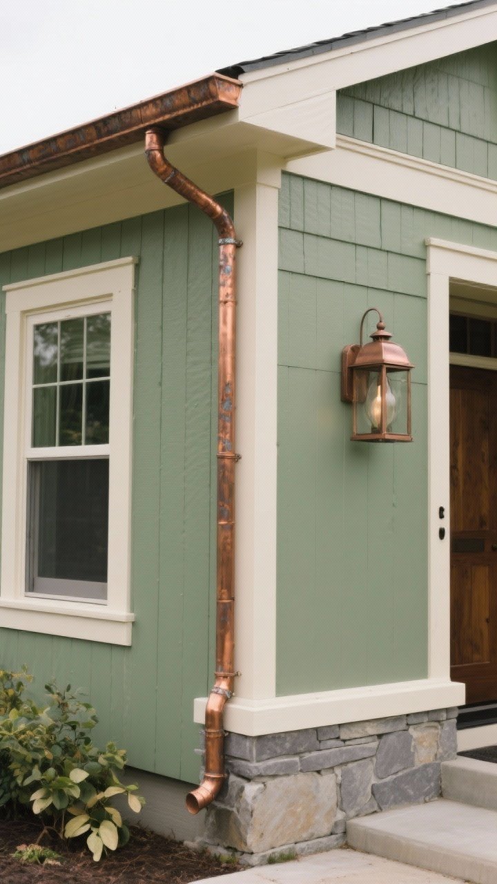 Sage Green + Cream Trim + Copper Details — Closeup detail shot of a front entry corner in soft overcast light: sage green siding with a subtle gray base, creamy trim around a window and fascia, hand-formed copper gutter and downspout with early patina, and a copper wall lantern; include a bit of stone foundation and leafy landscaping to emphasize nature-friendly palette; calm, sophisticated mood with tactile material textures.