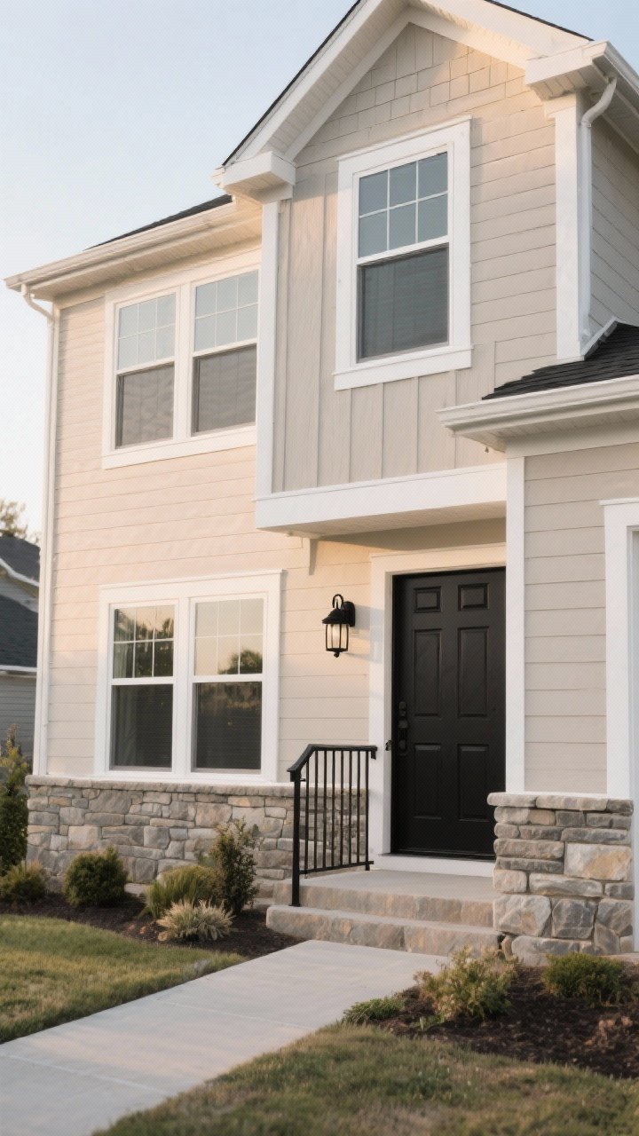 Soft Greige + Crisp White + Black Accents — Medium, straight-on view of a suburban home façade at late afternoon with soft natural light: greige siding in a matte/eggshell finish, bright white trim around oversized windows to emphasize scale, a satin-finish black front door with black metal railings and black wall-mounted light fixtures; include subtle landscaping and a stone walkway to show greige pairing with stone; aim for warm-modern mood with balanced contrast and dust-hiding siding texture; no people.