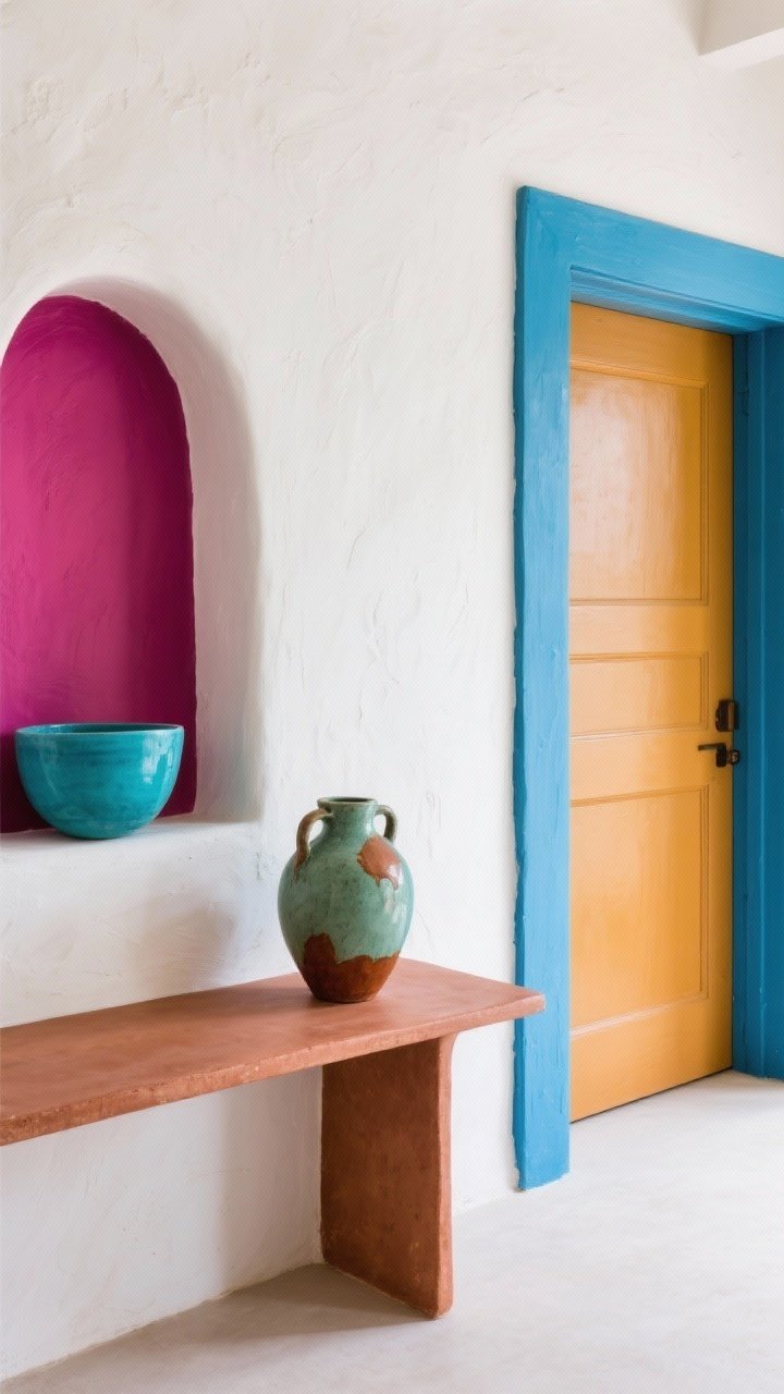Straight-on detail composition showing the color story: warm white plaster wall as base (70%), a clay-toned console table with a sage ceramic vase and rust and ochre accents (20%), and a pop of cobalt on a painted front door edge and a turquoise bowl (10%); include a small niche back painted in saturated magenta; soft daylight balancing earth, spice, and sky hues.
