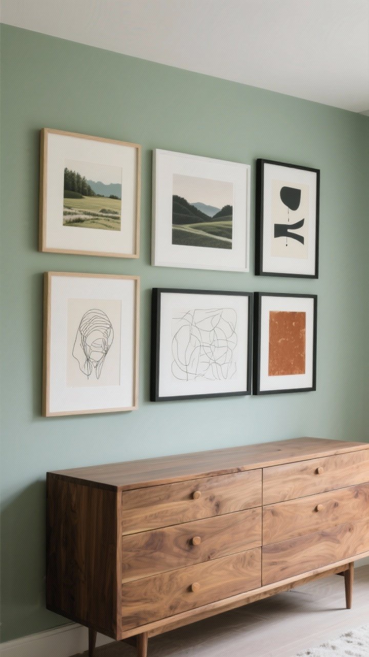 Straight-on medium shot: A curated gallery wall over a dresser in a sage room. Art includes landscapes, abstracts, and line drawings limited to sage, cream, charcoal, and one accent (rust). Frames mix black and oak for a modern-organic feel. Spacing leaves generous negative space and varied sizes for balance. Dresser styling is minimal, allowing the art to complement rather than compete with the palette.