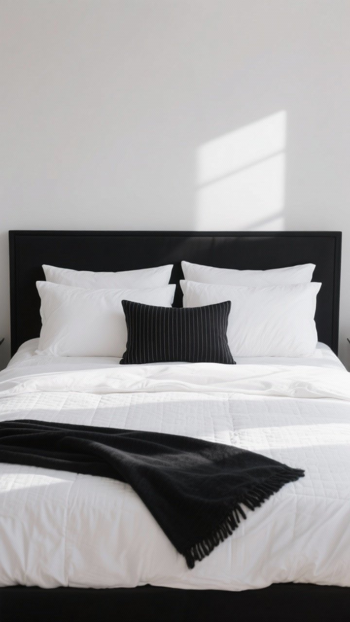 Straight-on medium shot: Minimalist, plush bedding on a black frame—high-quality white sheets, a white duvet, and a neatly folded white quilt layered on top. A single black pinstripe lumbar pillow provides subtle pattern, with two euro shams and two standard pillows stacked cleanly. A slim black throw rests at the foot for contrast, all lit with soft morning light.