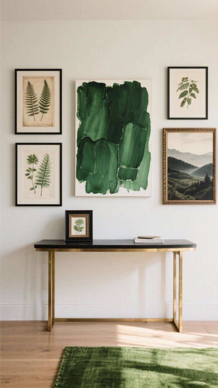 Straight-on medium shot of a gallery wall above a console featuring botanical art: a mix of vintage fern prints, an oversized abstract green wash as focal piece, and a moody landscape. Frames are a tailored mix of black and brass. Console top styled minimally, with tones that echo a nearby green rug. Warm afternoon light with slight vignette to emphasize artwork cohesion.