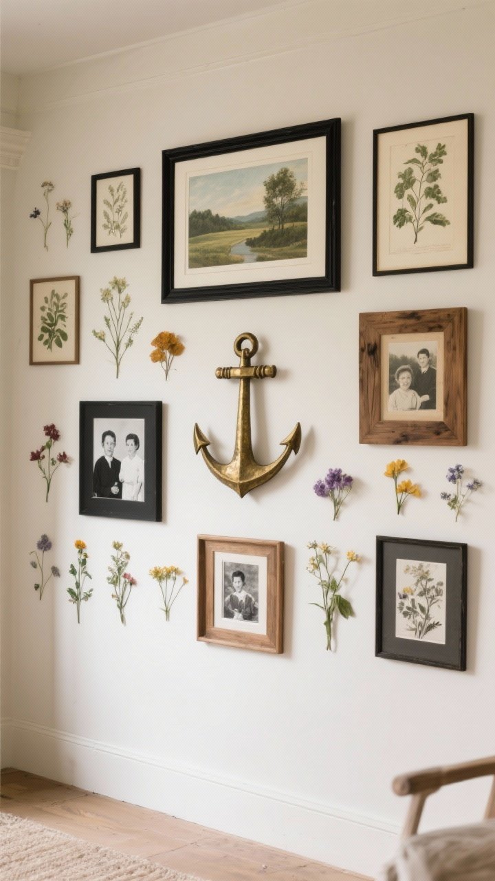 Straight-on medium shot of a gallery wall with country flair: a mix of botanical prints, small landscape paintings, black-and-white family photos, and pressed flowers arranged with consistent spacing; frames in black, wood, and antique brass centered around one larger anchor piece; soft, even natural light, photorealistic.