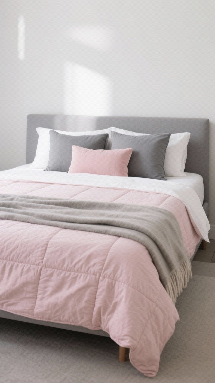 Straight-on medium shot of a grey bed frame dressed in soft pink (blush) duvet, crisp white sheets barely visible, and a folded grey quilt at the foot; pillows arranged as two large grey euro shams, two white pillows, and one blush lumbar pillow; a neutral greige throw layered for contrast; clean modern styling in softly diffused daylight, washable percale look to the sheets