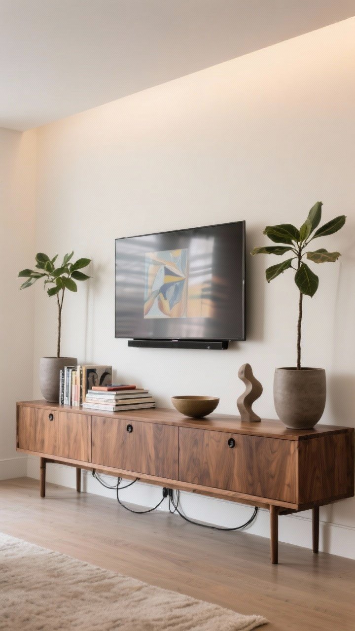 Straight-on medium shot of a media wall: A low walnut credenza with clean hardware beneath a wall-mounted TV; cords hidden via a simple white raceway. Two tall plants in matte ceramic planters flank the TV, creating symmetry. The credenza is styled with a stack of art books, a ceramic bowl, and one sculptural object. The TV displays an art screensaver. Soft ambient lighting.
