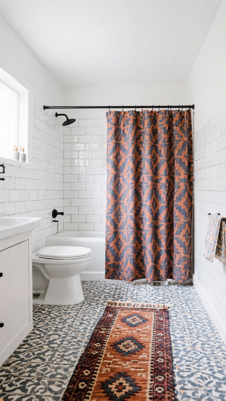 Straight-on medium shot of a pattern-forward bathroom: white subway tile walls as a neutral anchor, a bold Moroccan-inspired peel-and-stick tile pattern on the floor, a Kilim-style flatweave runner rug, and a Turkish block-printed shower curtain as the hero; color repeated via a shared terracotta/indigo hue across patterns; balanced with minimal accessories; bright, even lighting to showcase patterns.