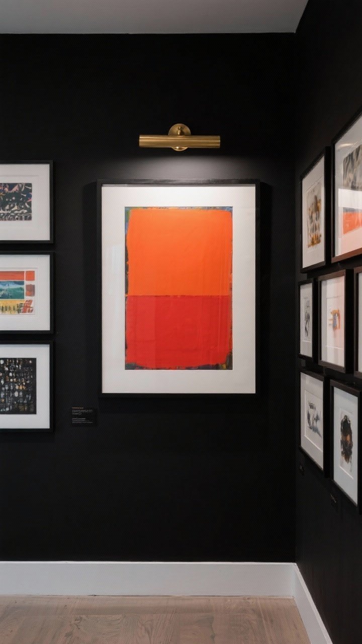 Straight-on medium shot of art popping on black walls: a large-scale piece with a bold color block and a wide white mat in a black frame, flanked by a tightly curated gallery of smaller works also in black frames with white mats; a brass picture light mounted above the main piece for museum vibes; subtle side lighting and controlled reflections; clean, impactful composition.