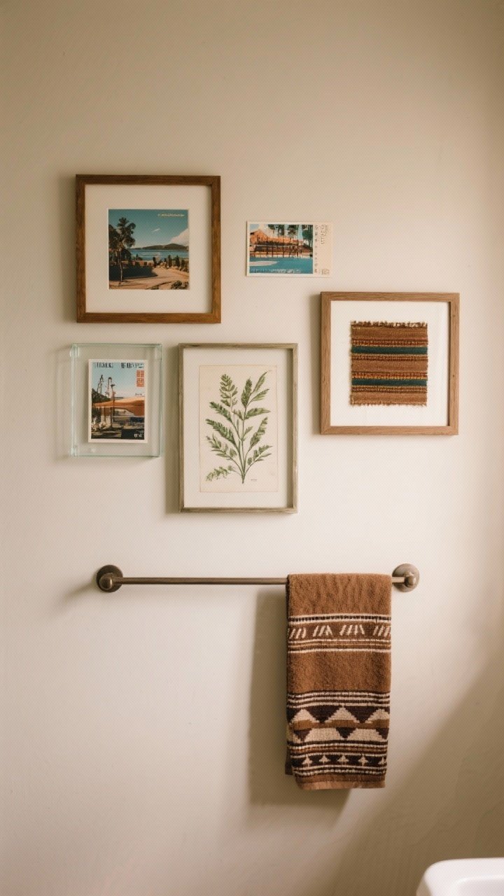 Straight-on medium shot of bathroom art: a small gallery wall above a towel bar featuring framed postcards, travel photos, botanical prints, and a framed textile swatch of mudcloth; all in glass-front frames to handle humidity; soft, warm light and minimal glare; neutral wall color allowing the curated art to add character.