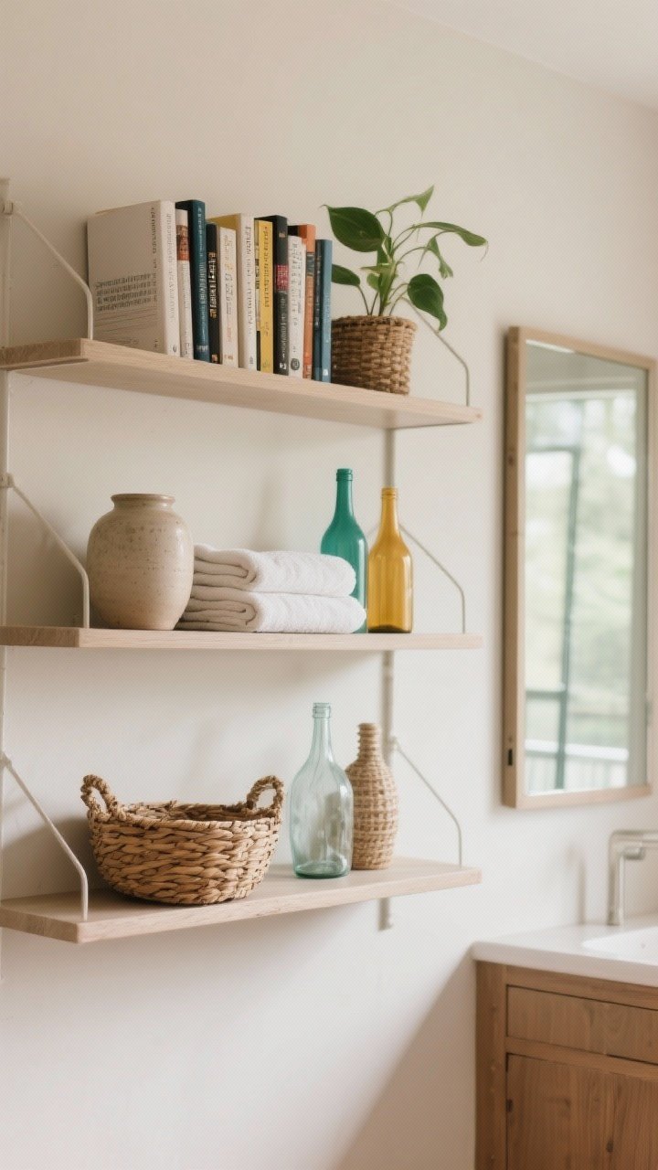 Straight-on medium shot of open shelves styled as a joyful shelfie: rule-of-thirds groupings with books, a small plant, folded towels, and pretty bottles; mixed heights and materials (ceramic jar, woven basket, glass bottle), one accent color echoed three times for cohesion, and intentional empty space; optional glass-front cabinet nearby for low-maintenance elegance; soft, natural light.