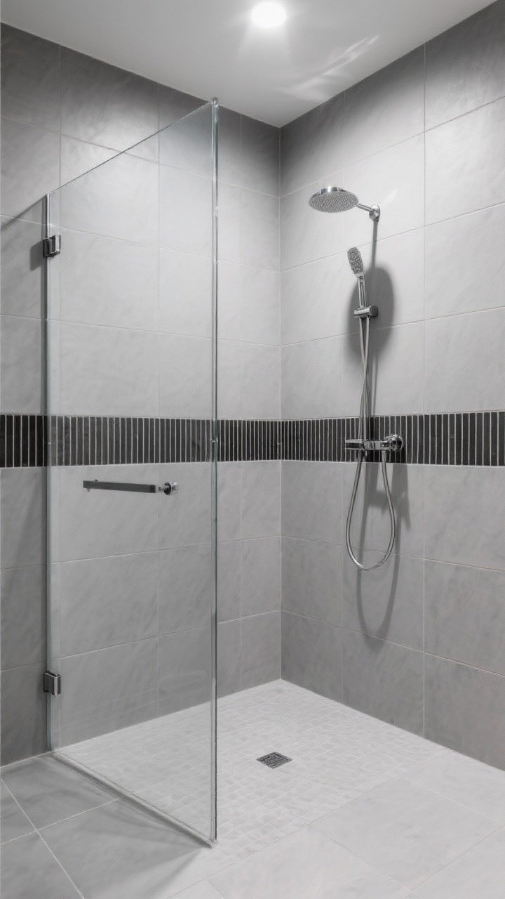 Straight-on medium shot of shower wall: large soft gray field tiles (rectangles) covering walls and floor; a crisp band of black linear tiles forming a thin striped accent at eye level wrapping the shower; frameless glass enclosure and minimalist chrome hardware; even, modern lighting for a clean, high-design feel