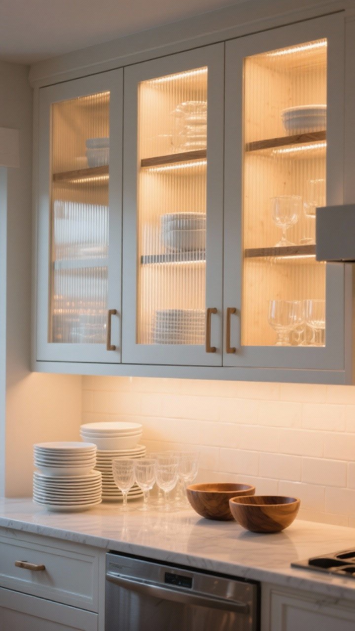 Straight-on medium shot of upper cabinets: glass-front doors with white oak frames, reeded glass panels to soften visibility, interior cabinet lighting glowing warmly at dusk, neatly styled stacks of white dishes, clear glassware, and a couple of wood bowls, light backsplash and understated counters