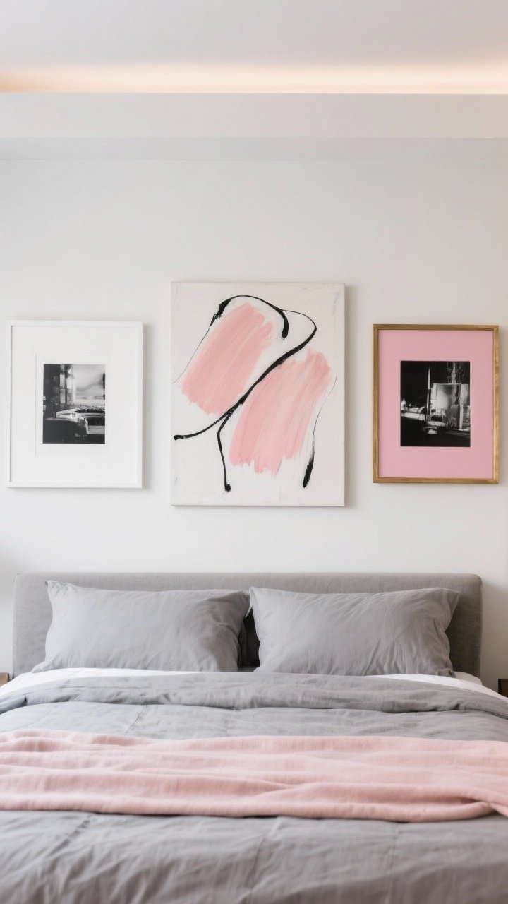 Straight-on wall view above a bed showing art that ties the palette: a centered abstract canvas with blush strokes and charcoal lines, flanked by black-and-white photography pieces each with pink mats; mixed frames in white, black, and brass for depth; grey bedding with a subtle blush throw beneath; soft ambient lighting to avoid glare, photorealistic