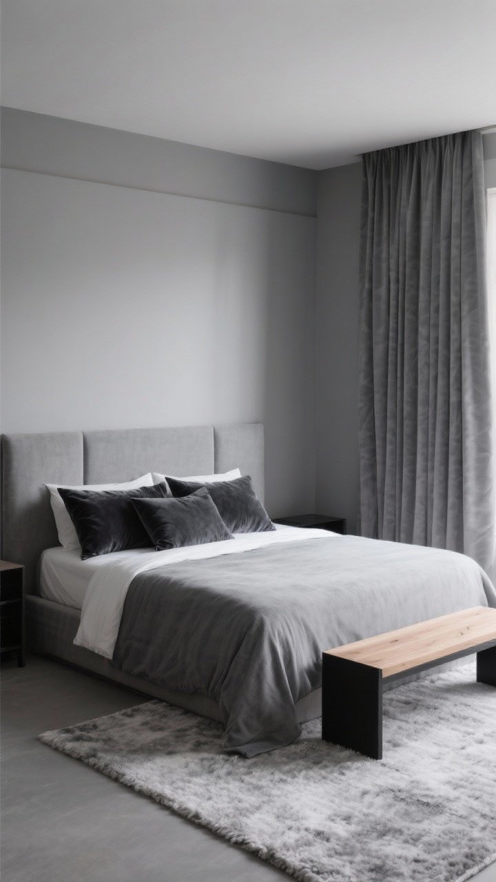 Straight-on wide shot of a monochrome gray bedroom: 3–4 distinct gray shades layered—matte medium-gray walls, satin-finish gray drapery, velvet dark-gray pillows, and a light gray wool rug; include a single contrasting grounding element like a black frame or a wood bench; balanced tone variation across light, medium, and dark grays; soft, even daylight to show sheens.