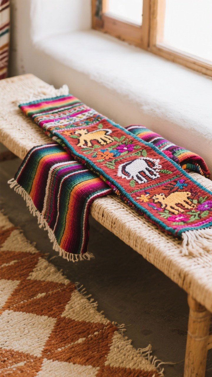 Textural closeup of handwoven textiles layered on a bench: a vibrant serape draped casually, an Otomi embroidered runner with animal and floral motifs folded on top, and the edge of a Zapotec flatweave rug in warm neutrals with classic diamond pattern beneath; natural fibers visible, rich dye colors, gentle window light, no people.
