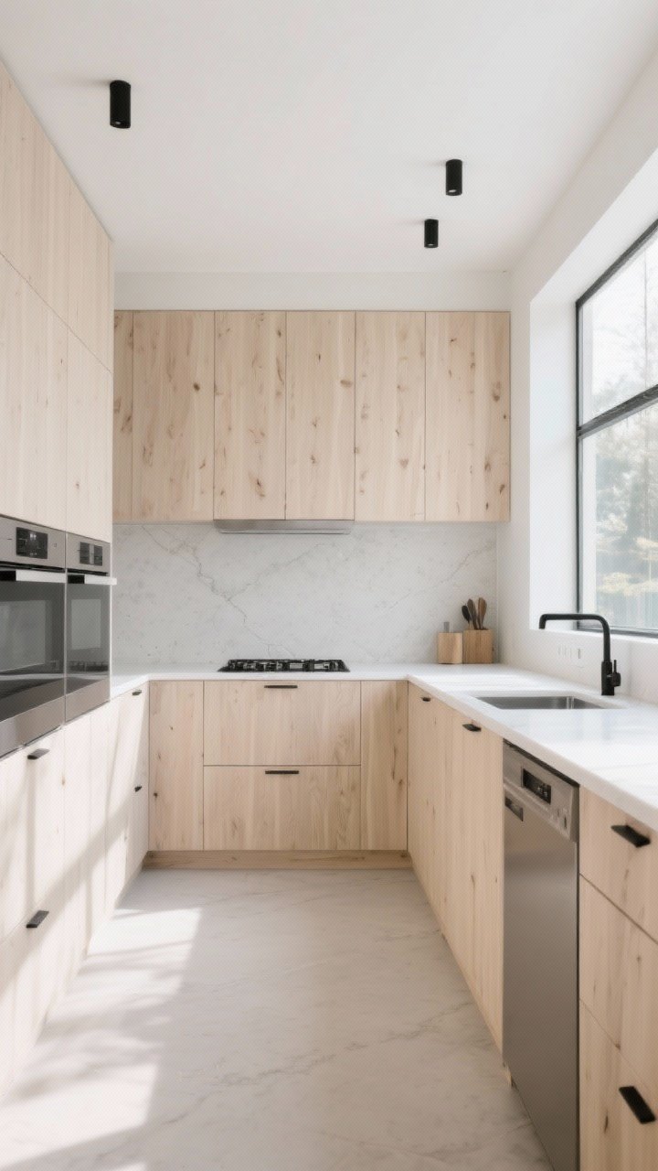 Wide, airy Scandinavian kitchen with natural white oak slab-front cabinets in a clear matte water-based polyurethane finish, slim black pulls, white quartz countertops, light concrete-look backsplash, abundant bright natural light from large windows, neutral palette, soft shadows, photorealistic calm and expensive feel