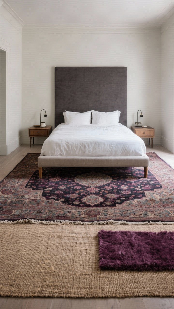 Wide, bed-centered shot emphasizing the rug: a faded Persian rug in wine and charcoal grounds the room with low-contrast pattern; the bed’s front legs and nightstands rest on it. Alternative accents include a layered oversized jute base with a smaller plum cut-pile rug near the foot. The rest of the decor is toned down so the rug softly anchors the drama.