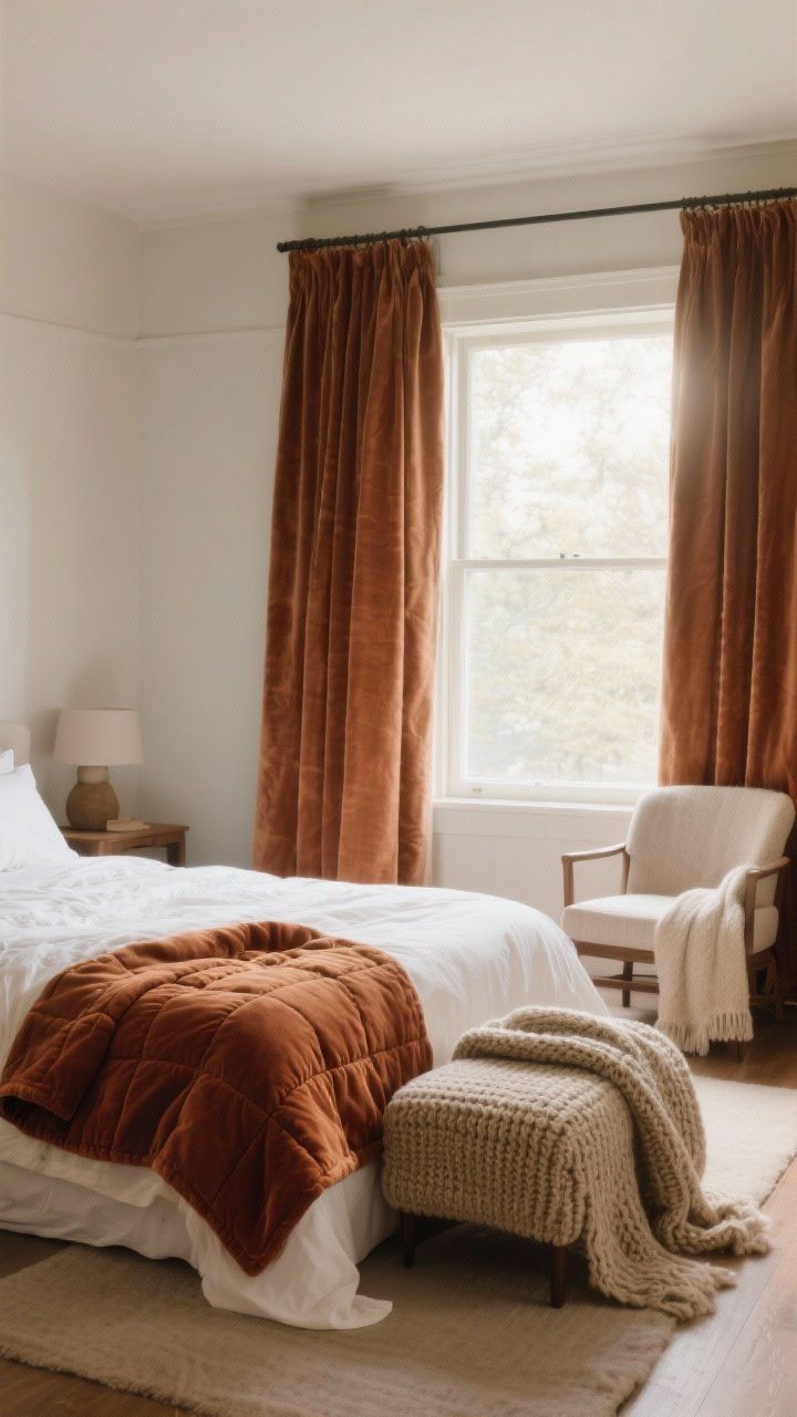 Wide bedroom scene showing swapped cozy textiles: flannel or percale sheets in warm white, topped with a camel linen or rust velvet quilt; heavier lined linen or velvet curtains framing the window; a chunky knit throw folded at the foot of the bed and a lightweight wool throw layered over a chair; mood is warm and breathable with diffused morning light.