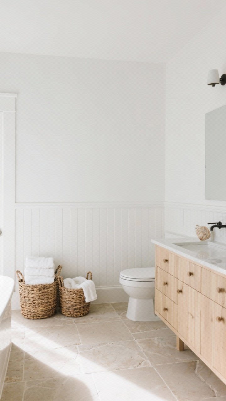 Wide coastal-inspired bathroom: honed beige limestone-look porcelain floor, walls half-height with vertical white beadboard-style ceramic tiles and a neat ledge/chair rail transition to a painted upper wall in soft white; woven baskets, neatly folded white towels, and a pale oak vanity; gentle daylight, airy and sunlit, no seashell kitsch