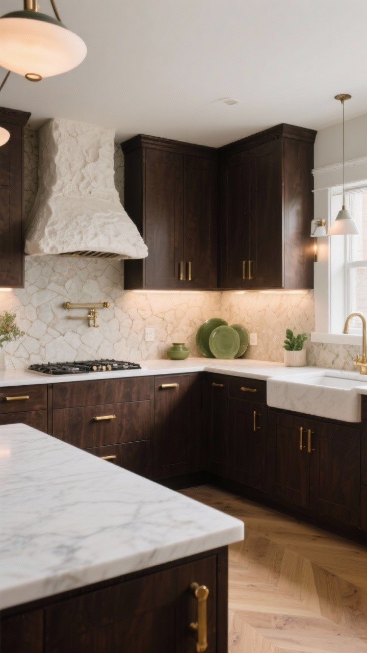 Wide concluding scene of a designer-feel kitchen with dark brown cabinets combining the key ideas: high-contrast soft white quartz counters, warm brass hardware, layered lighting, subtle textured stone backsplash, light oak floors, a few earthy green accents, and a statement plaster hood; photorealistic, no people, balanced and polished, corner angle to capture the cohesive whole