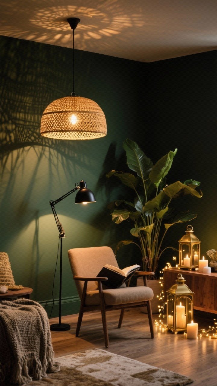 Wide corner angle of moody, layered lighting: a shaded pendant with warm 2700K bulbs for ambient light, a black task floor lamp by a chair for reading, and accent lighting from brass lanterns, candle clusters, and fairy lights tucked into a large plant. Woven lamp shades cast intricate shadows across a dark olive wall, creating golden highlights on textured textiles and wood.