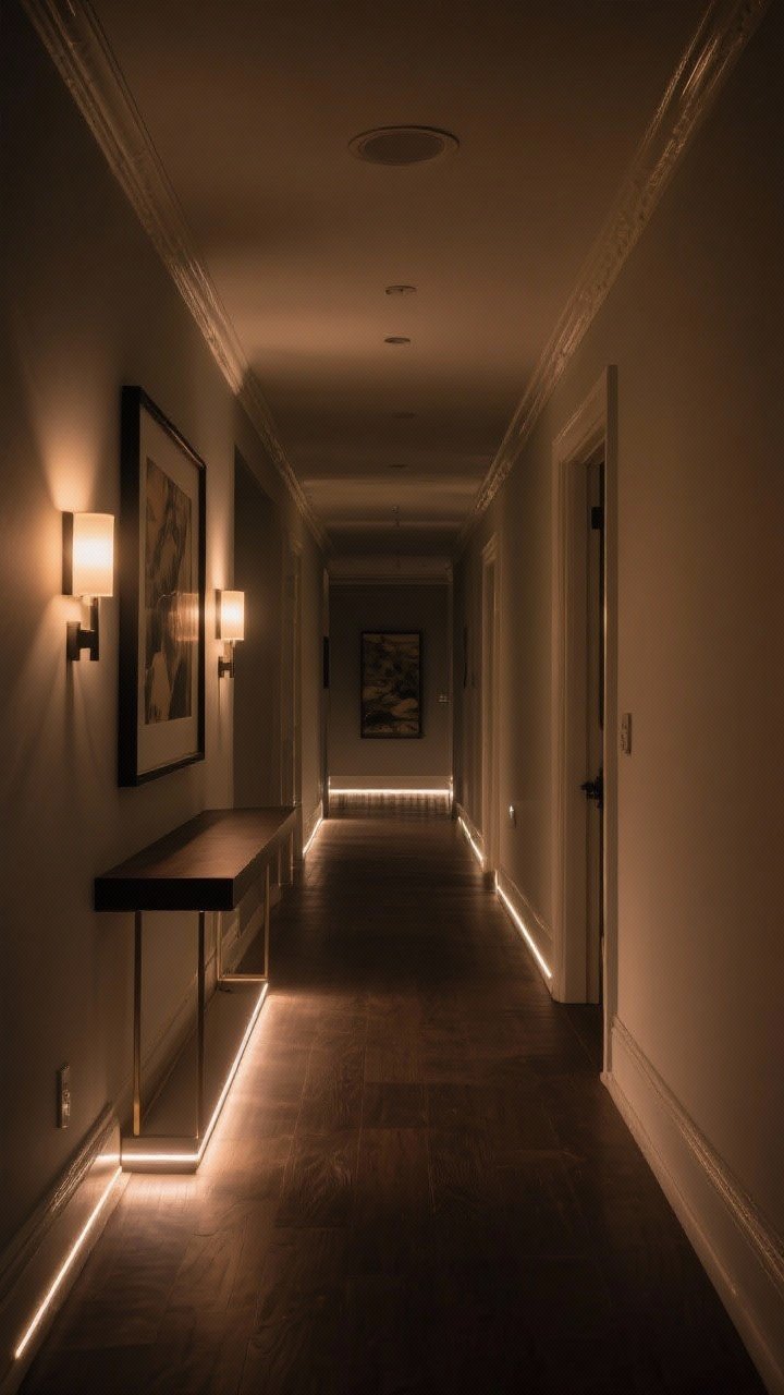 Wide hallway night scene with mood lighting: LED strip lighting under a console casting a soft toe-kick glow along the baseboards; subtle LED behind crown molding for an ambient halo; picture lights above framed art, battery-powered and warm-dim; all lights on dimmers for layered ambiance; dramatic yet refined; straight-on low-light shot with warm highlights.