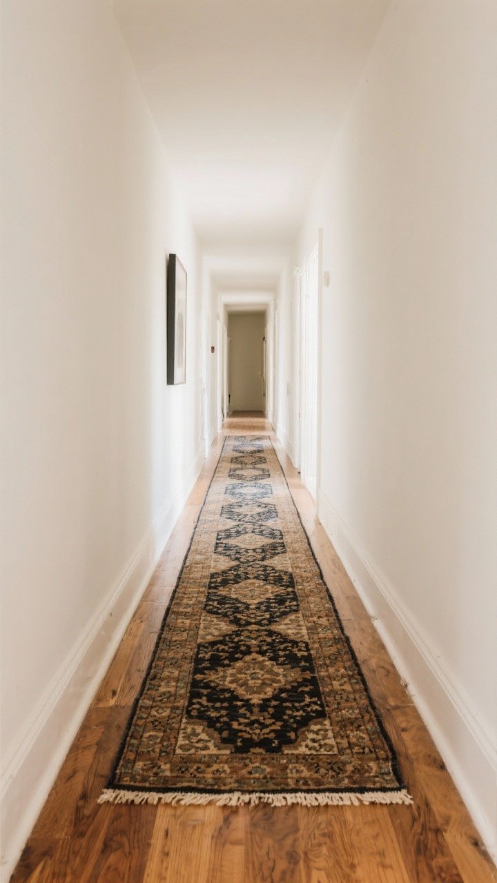Wide hallway shot: a long, narrow corridor with plain white walls and a bold, patterned vintage-style statement runner centered with 3–6 inches of wood floor showing on each side; warm, cozy ambiance; subtle texture on the runner; include a low-profile rug pad effect making the runner look cushy underfoot; soft, warm lighting, straight-on perspective, no wall art to let the runner be the star.