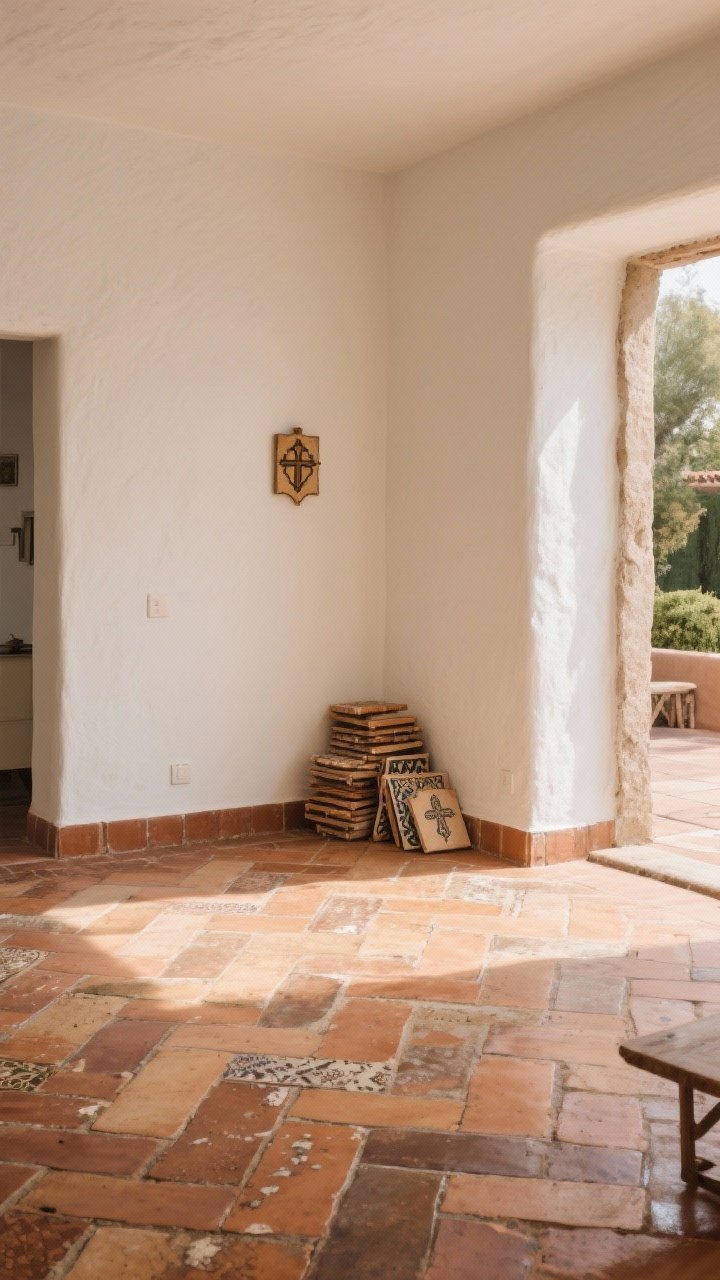 Wide interior shot of a sunlit living space with authentic terracotta Saltillo floors in mixed earthy tones, rough edges and color variation, laid in a herringbone pattern; walls in warm white, simple rustic baseboards, matte/satin sealed tiles with soft low sheen, a few scuffs from age; include a hint of a stucco threshold to a patio and a stack of spare mission tiles in the corner to emphasize story-worn floors.