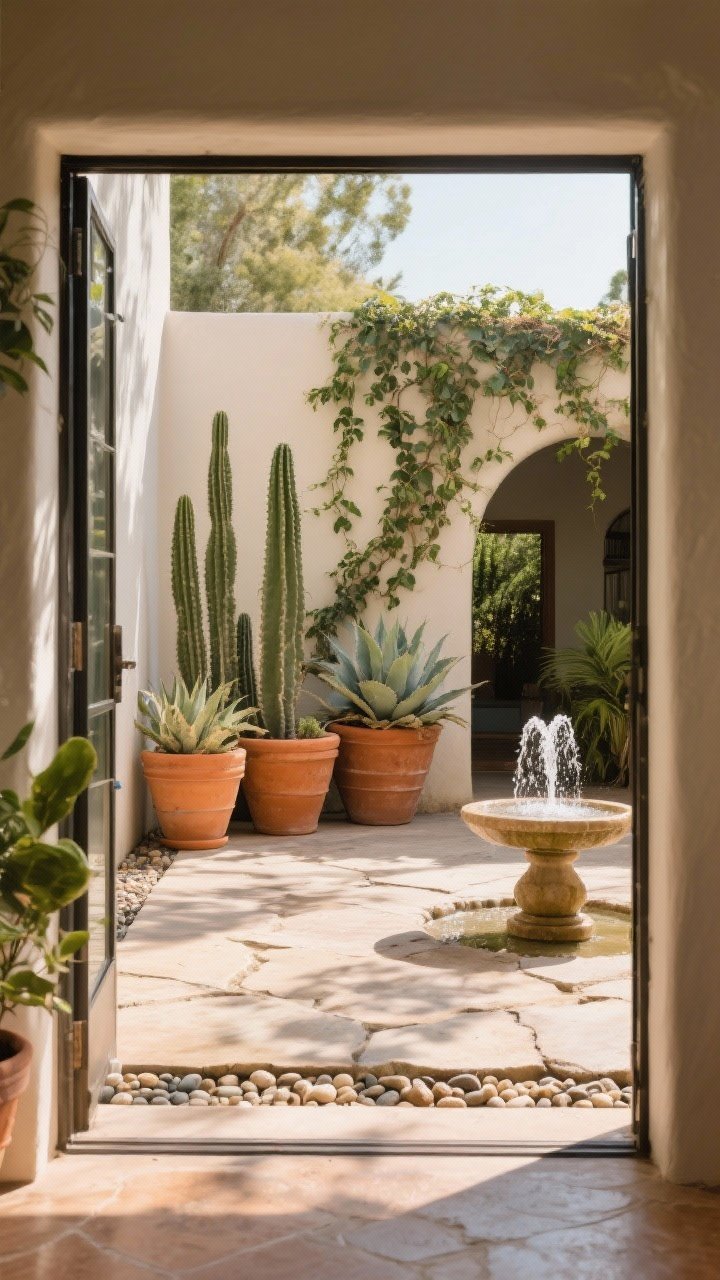 Wide interior-to-exterior threshold shot evoking courtyard vibes: cluster of terracotta pots with cactus, agave, and trailing ivy at varied heights (group of three), small bubbling tabletop fountain on a stone surface for ambient water sound, pebble insets forming a border along the patio edge; warm sunlight, dappled plant shadows, stone and clay textures dominate.