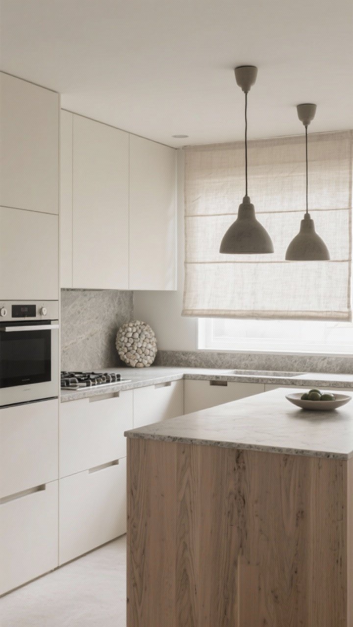 Wide, Japandi minimalist kitchen with slab-front white oak cabinets and integrated finger pulls, muted palette of warm whites, pebble gray, and soft black, negative space, linen Roman shade, two matte ceramic pendants, honed stone counters, clean lines, diffused daylight for a serene Zen mood