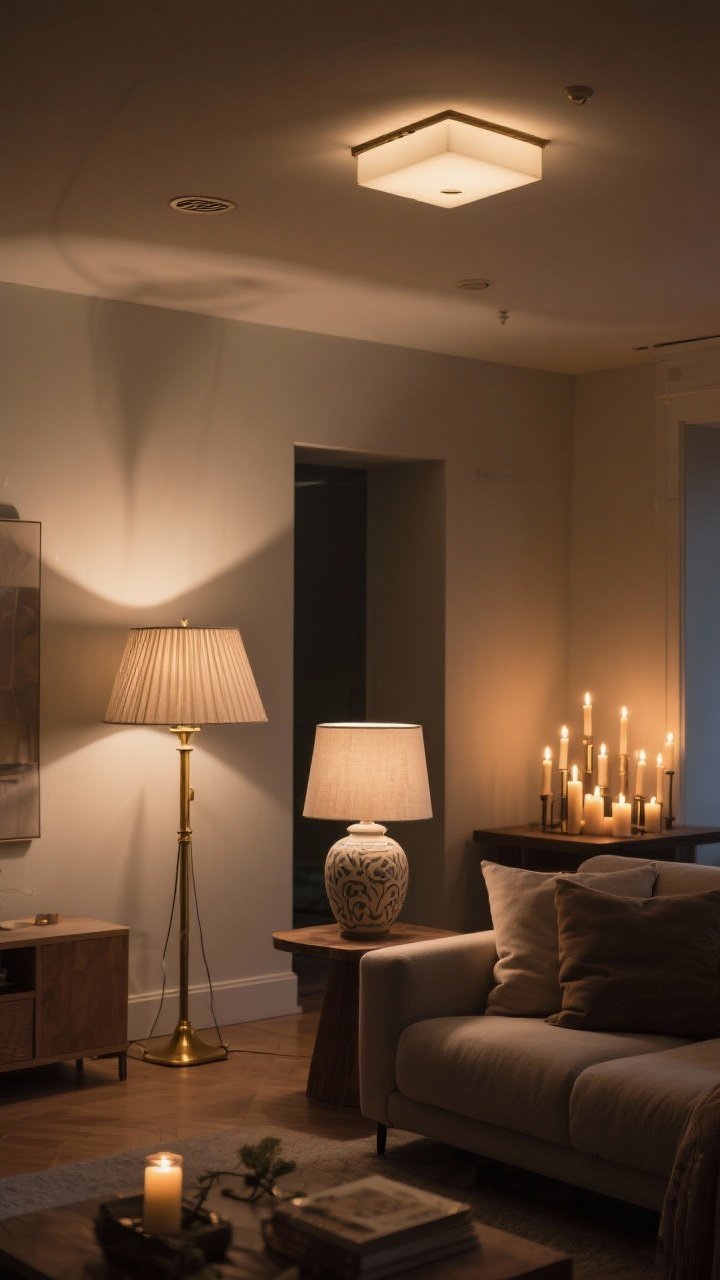 Wide living room shot emphasizing moody lighting layers: overhead light dimmed via dimmer, a brass floor lamp with a pleated linen shade, a ceramic table lamp with a linen shade, and clusters of candlelight; bulbs at 2700–3000K casting warm pools of light; shadows fall softly on walls; no harsh light, just layered, flattering ambience.