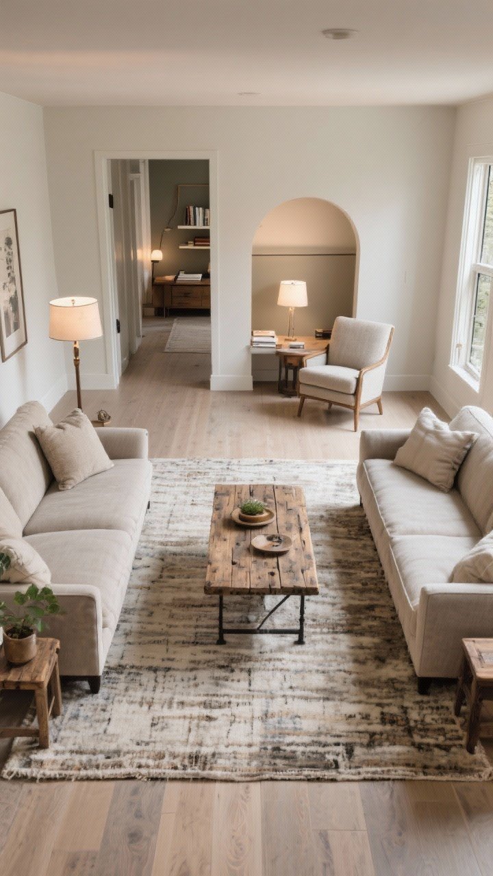 Wide overhead/plan-style shot of a conversation-friendly layout: seating arranged to face each other with at least the front legs on the rug, 16–18 inches between sofa and reclaimed wood coffee table, clear 30–36 inch walkways, and a separate reading nook with chair, floor lamp, and side table; soft ambient lighting, photorealistic.