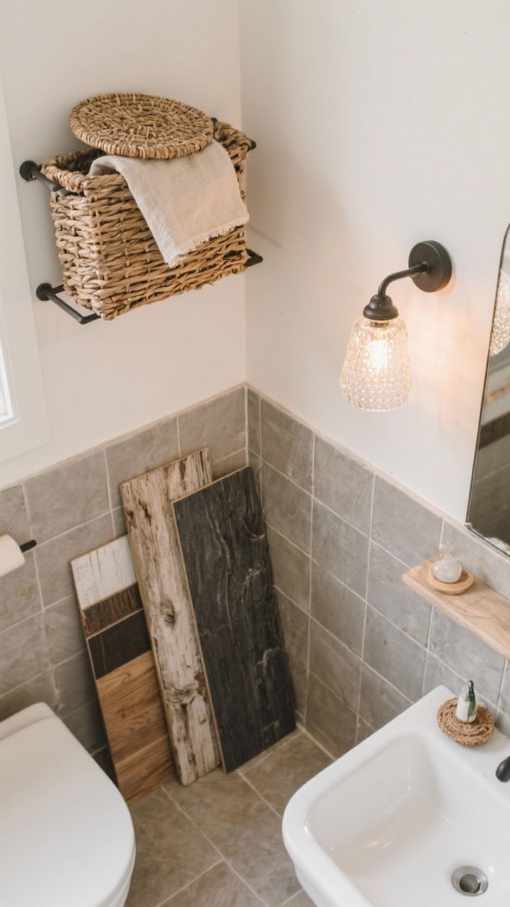 Wide overhead shot: Cohesive rustic bathroom flat-lay and corner glimpse—palette of warm white, soft taupe, charcoal, and natural wood shown via samples: peel-and-stick reclaimed wood, matte slate-look tile, warm LED bulb, seeded-glass sconce, woven basket lid, linen swatch; balanced rough (wood, stone) and smooth (ceramic, glass) finishes, clutter-free styling.