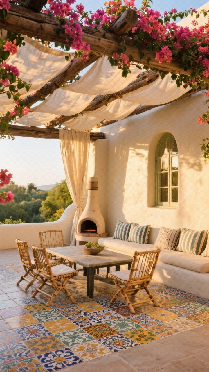 Wide patio scene, oblique angle: colorful encaustic cement tiles defining a seating zone, a pergola overhead draped with bougainvillea and light fabric for dappled shade, equipales chairs around a low table and a built-in stucco bench with striped cushions; a small chiminea at the edge; golden late-afternoon light, convivial atmosphere.