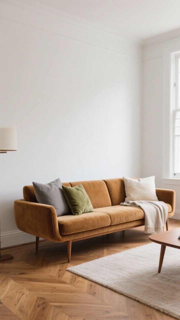 Wide room shot: A midcentury modern living room anchored by an iconic low-profile sofa with clean lines, tapered wooden legs, and a single bench-seat cushion. Upholstery in camel performance velvet with structured cushions and gentle corner curves. Neutral palette with gray and cream pillows, olive accent pillow, and a subtle linen throw. Soft daytime natural light from a side window, white walls, warm wood floors, and minimal decor to highlight the sofa as the hero.