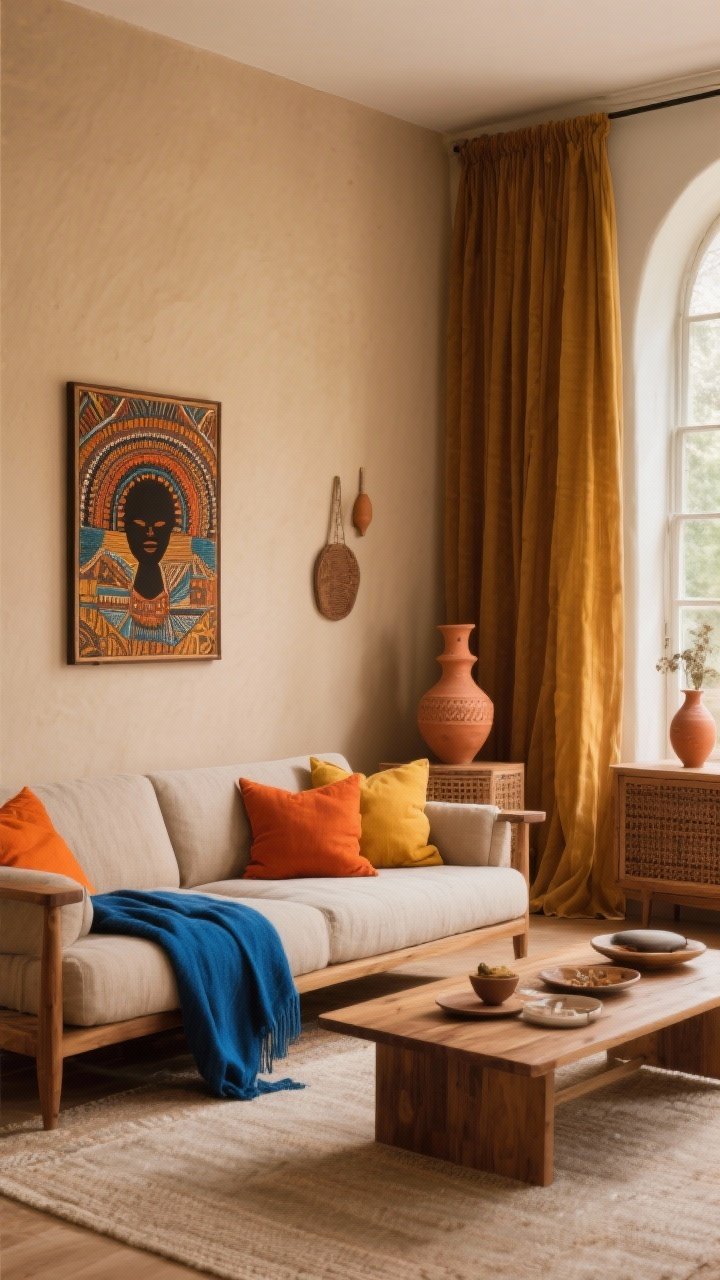 Wide room shot: An Afrohemian living room with walls painted in warm oatmeal, a palette of earthy neutrals like clay, sand, caramel, and cocoa across a linen sofa and wood furniture, accented with vivid pops—cobalt blue throw, burnt orange pillows, mustard drapes, and terracotta pottery; balanced composition following 70% neutrals, 20% accent colors, 10% wow-factor art; soft natural daylight from side windows for a calm yet vibrant mood, photorealistic.