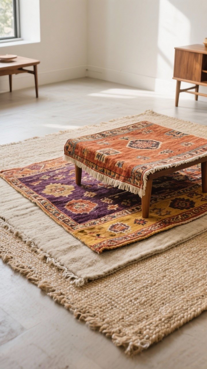 Wide room shot featuring layered rugs: a neutral jute base rug anchoring the space with a vintage Persian or kilim in warm tones (rust, ochre, plum) layered on top; maintain 6–12 inches of the base rug visible all around; include wooden furniture legs partly on the top rug for cohesion; natural daylight highlighting texture and depth.