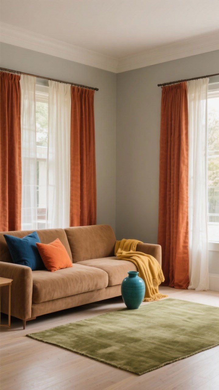 Wide room shot showcasing color strategy: Walls in warm neutral greige, large camel sofa and cream curtains establishing the 60% neutral base. A muted olive area rug and terracotta linen curtains (layered with sheers) provide 30% supporting tones. Accents (10%) include indigo and burnt orange pillows, a teal vase, and a small mustard throw. Balanced, warm daylight enhances earthy hues.