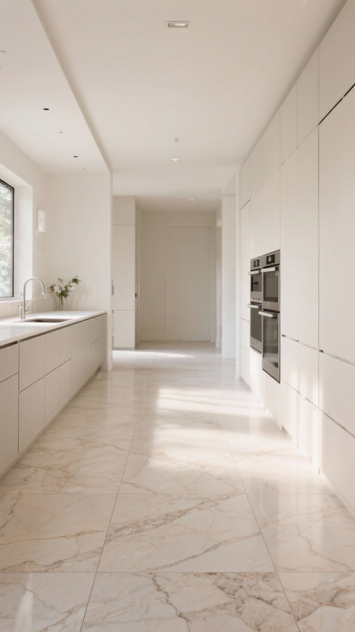 Wide, seamless kitchen view with large-format stone-look porcelain tiles (24x48) in pale limestone tones with soft, restrained veining; grout color matched to the tile for a near-continuous slab feel; sleek, minimal cabinetry and integrated appliances for quiet luxury; straight-on symmetric composition to elongate the space; diffuse daylight reflecting gently off the low-sheen surface to suggest easy cleaning and upscale calm.