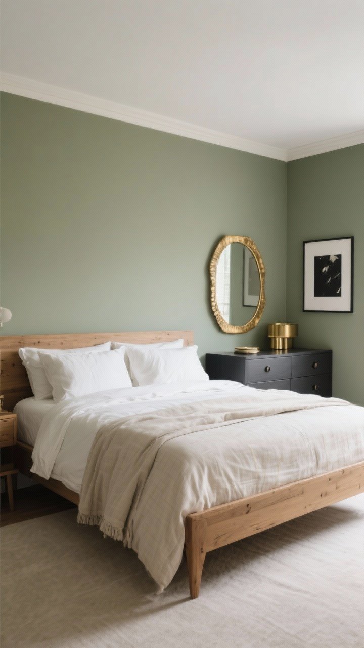 Wide shot: A balanced palette bedroom showcasing a composed scheme of 3–4 core colors. Version shown: Sage walls, cream bedding, and natural wood furniture for a timeless look. Include a second vignette area (dresser top) with charcoal and brass accents for a moody-glam note—e.g., a brass-framed mirror and charcoal art print—while keeping the main room cohesive. Neutral linen textures and tidy styling convey intentionality.