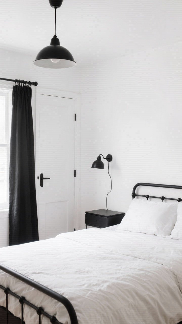Wide shot: A bright, small bedroom with clean white walls and a soft matte black accent via bedframe and nightstands; crisp white bedding, black metal pendant lights, and black hardware on a white door. Natural daylight washes in, highlighting a matte black table lamp and black curtain rod. The overall palette is tight: gallery-white walls, soft-matte black accents, and minimal decor for a calm, intentional feel.