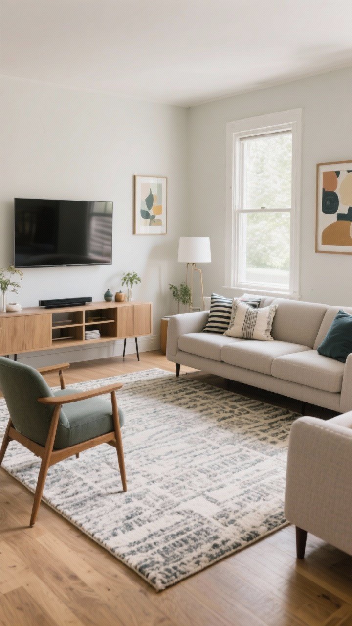Wide shot: A correctly sized rug (6x9) anchoring a small living room layout with front legs of sofa and chairs on the rug; subtle pattern that disguises everyday wear; colors pulled from wall art and pillows to tie in with the TV wall; balanced composition, natural daylight enhancing the sense of space.