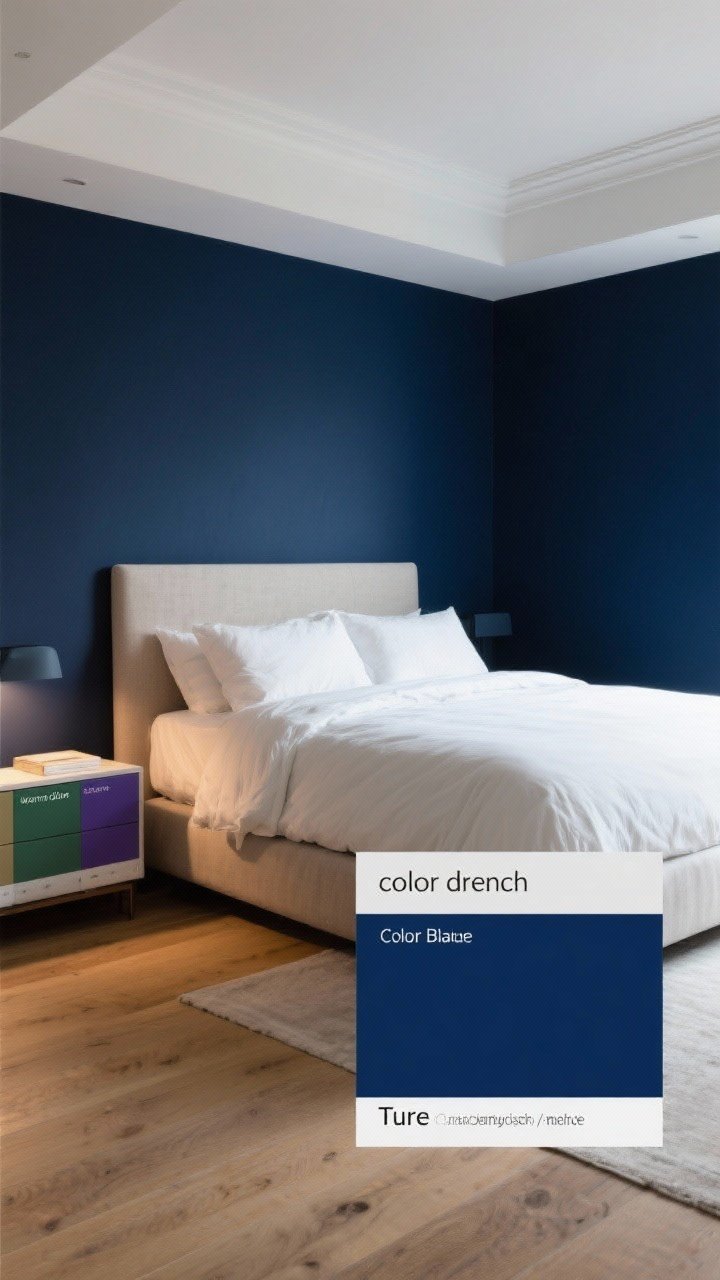 Wide shot: A modern bedroom with a deep navy accent wall behind the bed in a luxe, saturated true navy with a matte finish, white ceiling and trim for contrast, queen bed centered, simple neutral linen headboard, crisp white bedding, light oak floors. Include paint swatches on the nightstand labeled warm navy (green undertone), cool navy (purple undertone), and true navy. Soft warm evening light, showing how the navy reads rich not black. Optional inset corner shows a full “color drench” version with the same navy on all four walls and ceiling in matte.