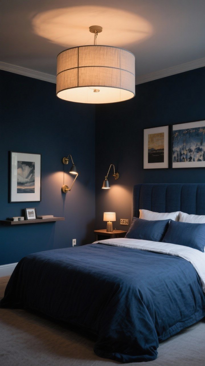 Wide shot: A moody navy bedroom showcasing layered lighting—overhead fabric drum fixture with diffused glow, bedside task lighting via swing-arm sconces, and accent picture lights over art plus a tiny table lamp on a shelf. Warm 2700–3000K bulbs, all on dimmers, creating a cocoon-like ambiance with soft pools of light and no harsh shadows.