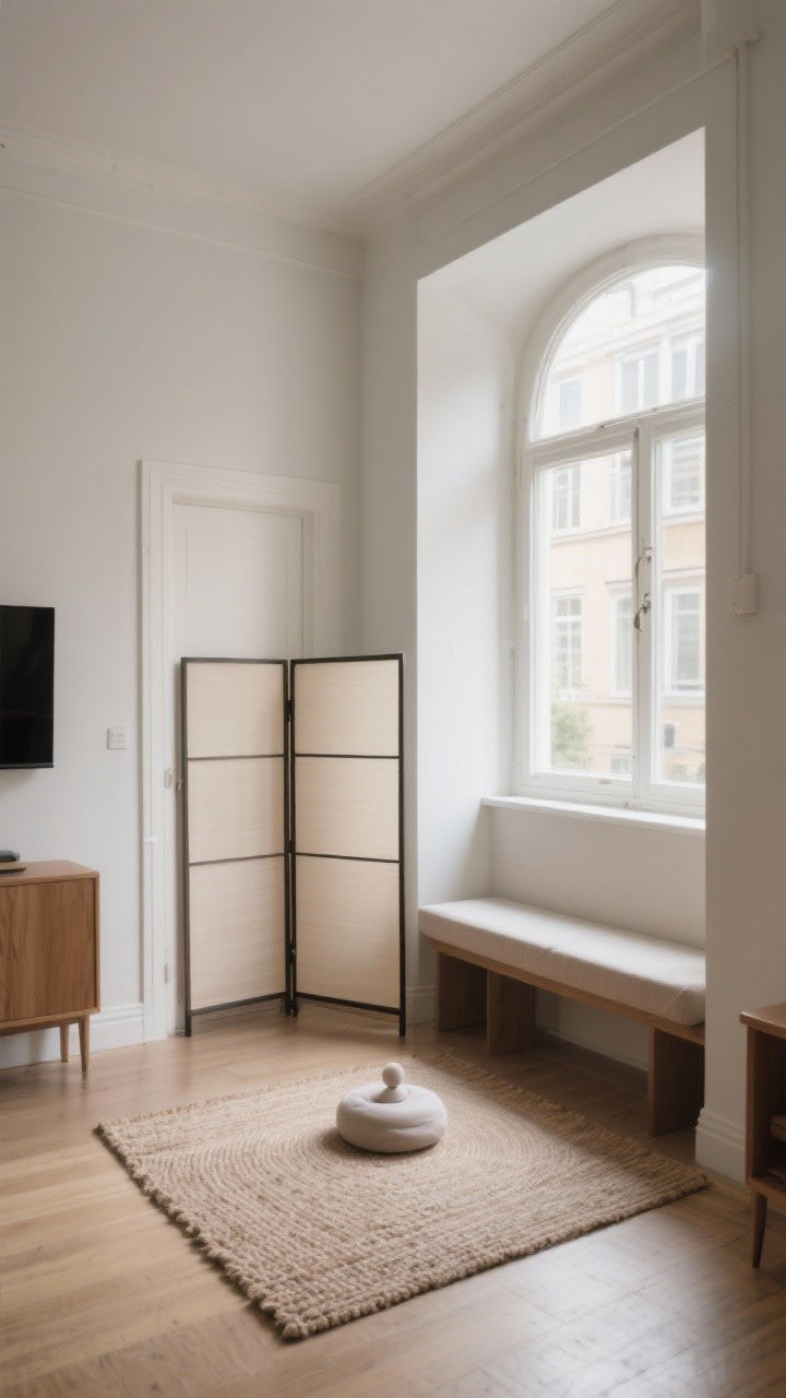 Wide shot: A quiet home corner carved out for meditation in a small apartment, with a bay window casting gentle morning natural light, a low bench defining the boundary on one side, a soft woven rug anchoring the space, and a folding screen subtly tucking the nook away from the main room; avoid doors and TVs in frame, choose a low-traffic alcove angle, straight-on perspective, calm and uncluttered.