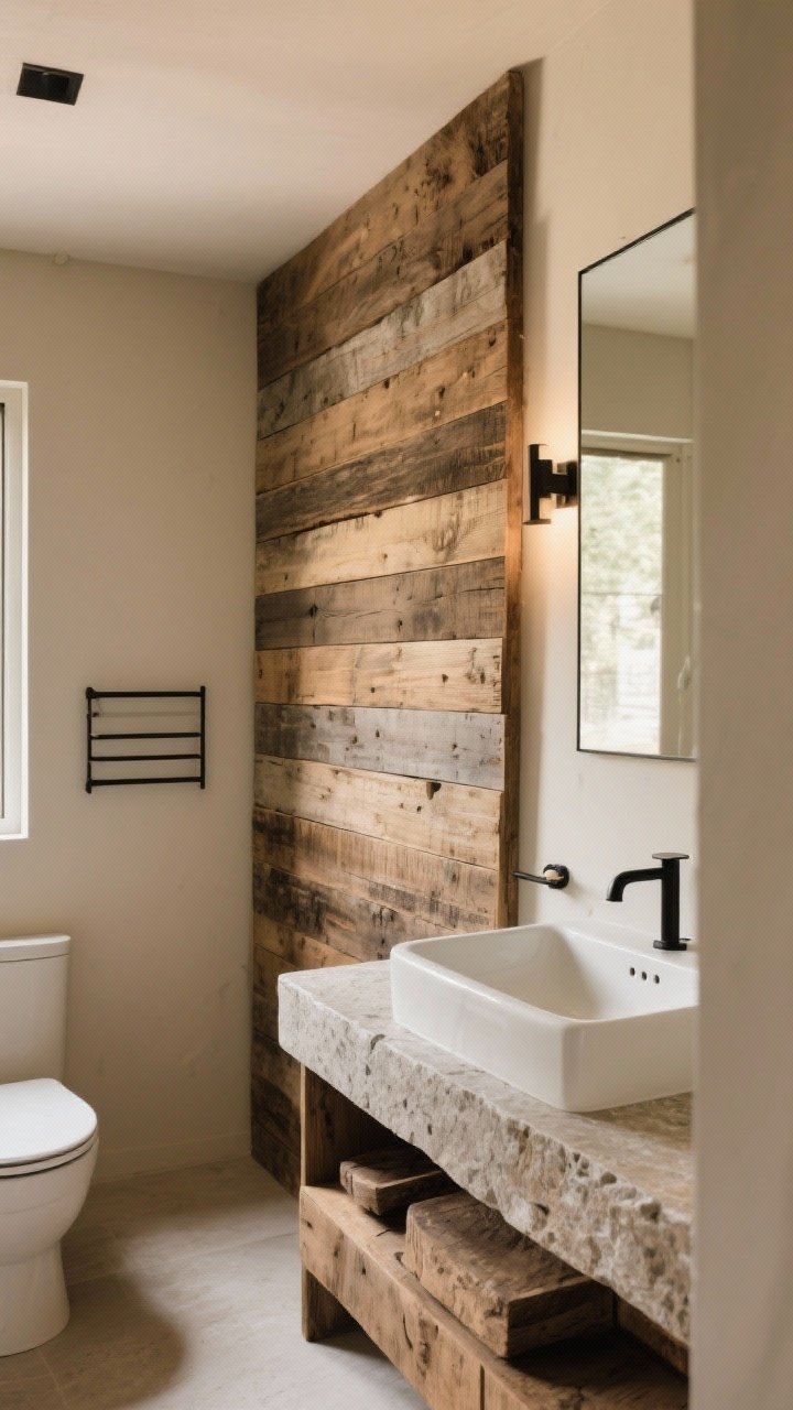 Wide shot: A rustic-modern bathroom with a single reclaimed wood statement wall behind the vanity, matte-finished planks with visible grain installed horizontally, balanced by a smooth stone countertop and white ceramic sink; neutral warm palette, soft warm lighting, black metal accents minimal, no gloss, clean styling, straight-on view.