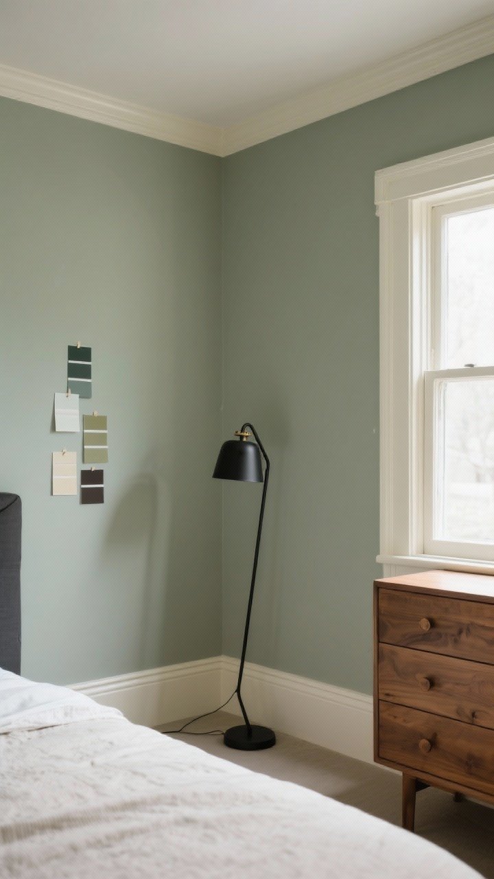 Wide shot: A serene bedroom painted in muted, gray-leaning sage walls with creamy off-white trim and baseboards, natural daylight from a north-facing window softly filtering in. Include a mix of wood and black finishes: a warm oak dresser on one side, a black metal floor lamp on the other. Show paint swatches taped to the wall catching different light angles. The overall mood is calm and neutral, showcasing the soft sage backdrop that doesn’t read overtly green.