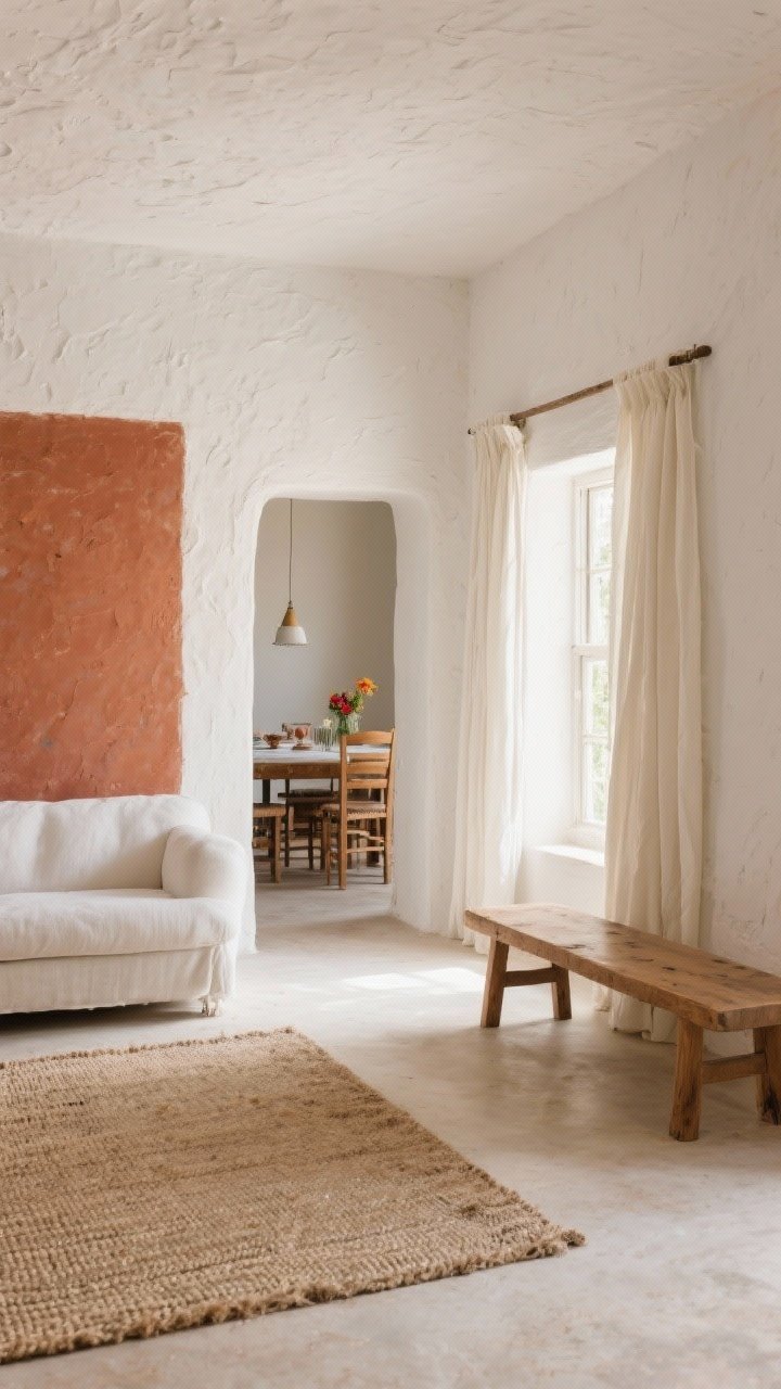 Wide shot: A serene Mexican farmhouse living room with whitewashed, textured limewash walls in warm bone white, matte finish; a single terra-cotta accent wall in the dining nook beyond; natural light filtering in, highlighting subtle plaster variations. Minimal furnishings to let color shine later: a neutral jute rug, simple wood bench, and cream linen curtains. Calm, inviting backdrop ready for colorful accents.