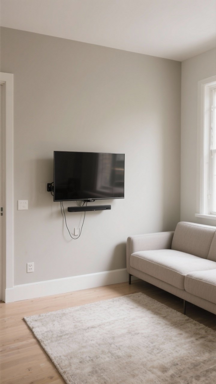Wide shot: A small living room with a wall-mounted TV at 45 inches center height on a matte greige wall, clean sightlines with no visible cords thanks to a paintable cord cover color-matched to the wall, compact furniture floated away from walls, including a slim sofa and a light rug; the TV is on a low-profile mount with a full-motion arm slightly angled toward seating; soft ambient daylight, uncluttered floor for a spacious feel.