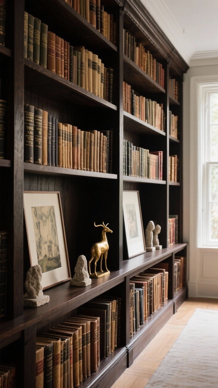 Wide shot: A wall-length library with classic dark wood shelving filled with real hardcovers with cloth spines and vintage titles; art leaned on shelves in front of books for depth, brass animal figurines and stone bookends staggered between stacks, a few purposeful gaps; warm, lived-in intellect mood with gentle window light.