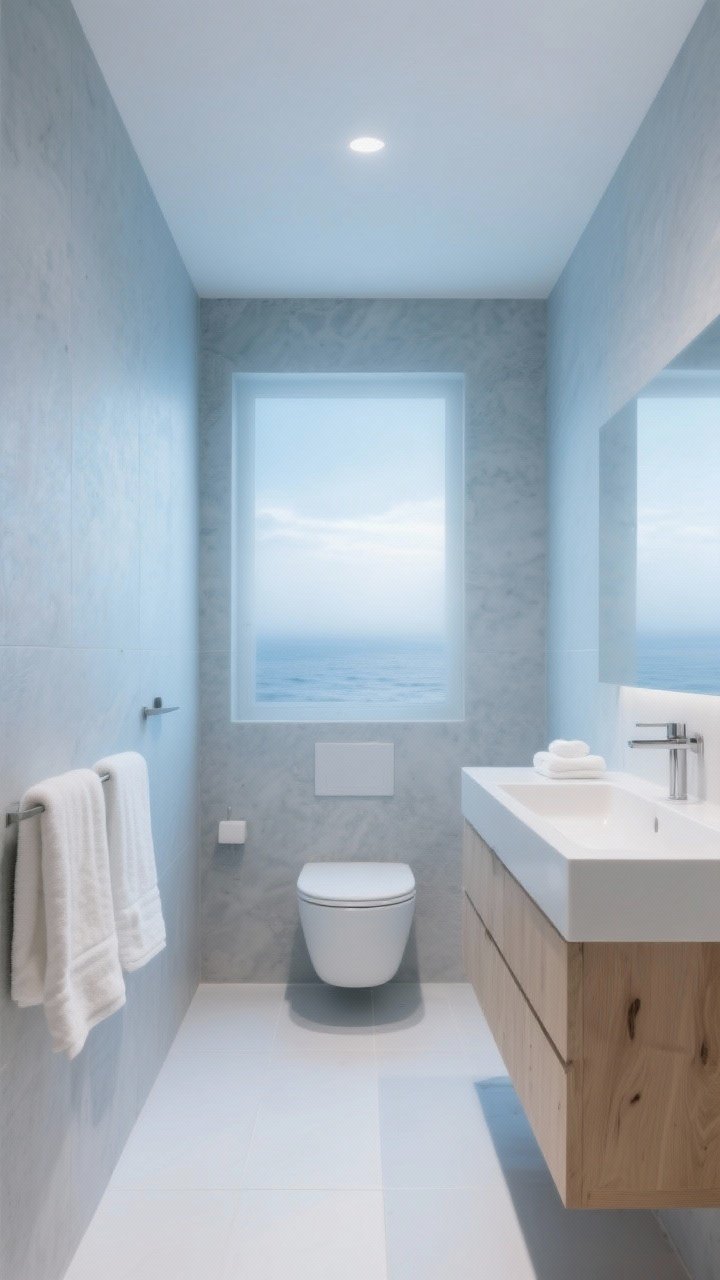 Wide shot: A windowless small bathroom bathed in misty blue with gray undertones—think sea fog. White towels, white floors, and light wood accents for an airy palette. Soft, diffused lighting to mimic fresh air, with the walls feeling sky-like and infinite. Clean-lined vanity and minimal clutter for a spa-like feel.
